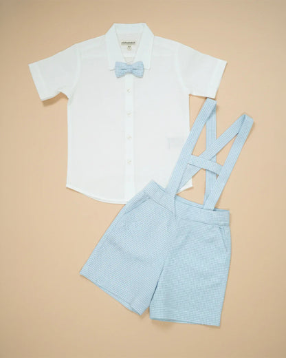 PureCloth Light Blue & White Shirt with Suspender Set-Checkered-Cotton-For Infants