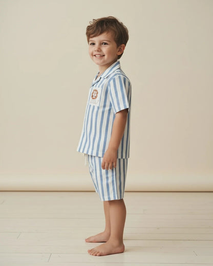 PureCloth Blue & White Shirt & Shorts Set-Striped-Cotton-For Infants