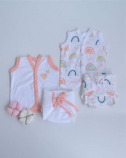 Yellow Doodle Peach Hearts Nappy & Vest-Organic Cotton-Set of 4-For Infants