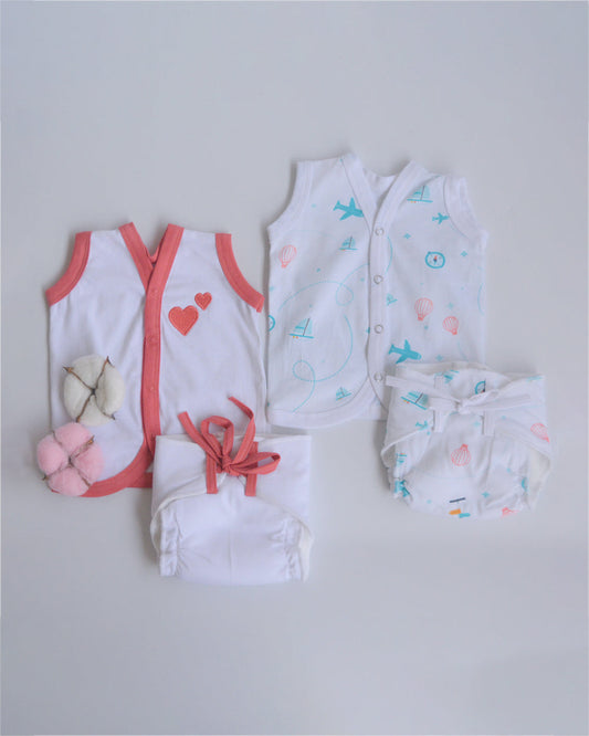 Yellow Doodle Red Hearts Nappy & Vest-Organic Cotton-Set of 4-For Infants