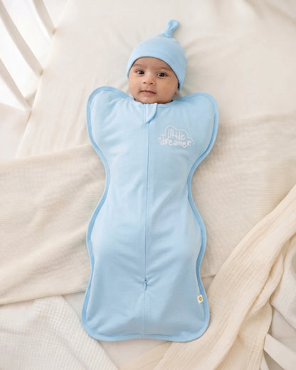 Twingle 100% Organic Cotton Sleeping Bag with Beanie-Snug Fit & Arms Up Design for Natural Body Posture-Zip Guard to Protect Baby's Chin & Neck-Two Way Zipper for Easy Diaper Change-Solid-Aqua-For Infants