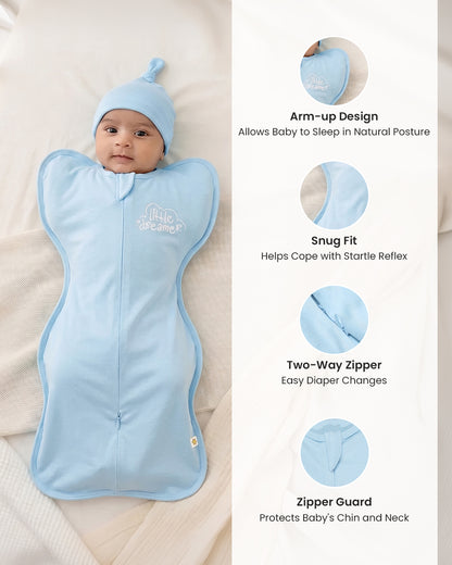 Twingle 100% Organic Cotton Sleeping Bag with Beanie-Snug Fit & Arms Up Design for Natural Body Posture-Zip Guard to Protect Baby's Chin & Neck-Two Way Zipper for Easy Diaper Change-Solid-Aqua-For Infants