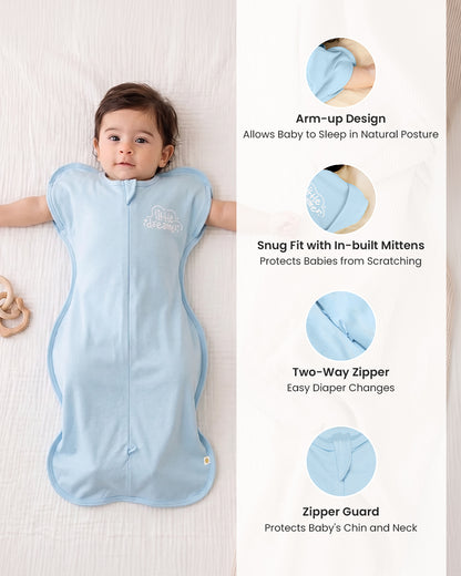 Twingle 100% Organic Cotton Sleeping Bag with Inbuilt Mittens-Snug Fit & Arms Up Design for Natural Body Posture-Zip Guard to Protect Baby's Chin & Neck-Two Way Zipper for Easy Diaper Change-Solid-Aqua-For Infants