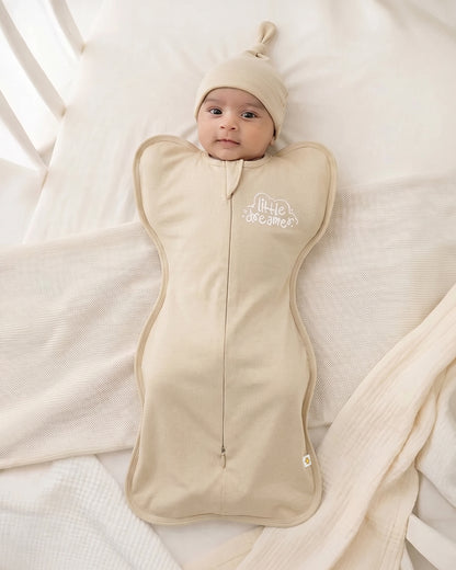 Twingle 100% Organic Cotton Sleeping Bag with Beanie-Snug Fit & Arms Up Design for Natural Body Posture-Zip Guard to Protect Baby's Chin & Neck-Two Way Zipper for Easy Diaper Change-Solid-Beige-For Infants