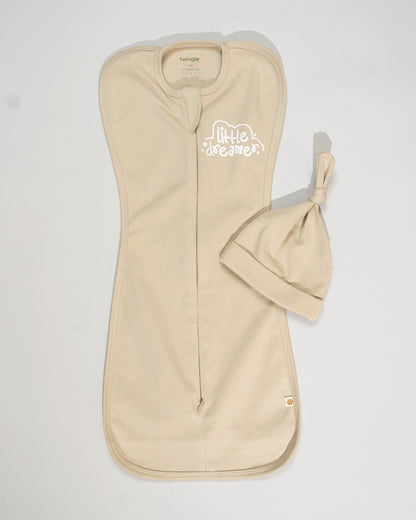 Twingle 100% Organic Cotton Sleeping Bag with Beanie-Snug Fit & Arms Up Design for Natural Body Posture-Zip Guard to Protect Baby's Chin & Neck-Two Way Zipper for Easy Diaper Change-Solid-Beige-For Infants