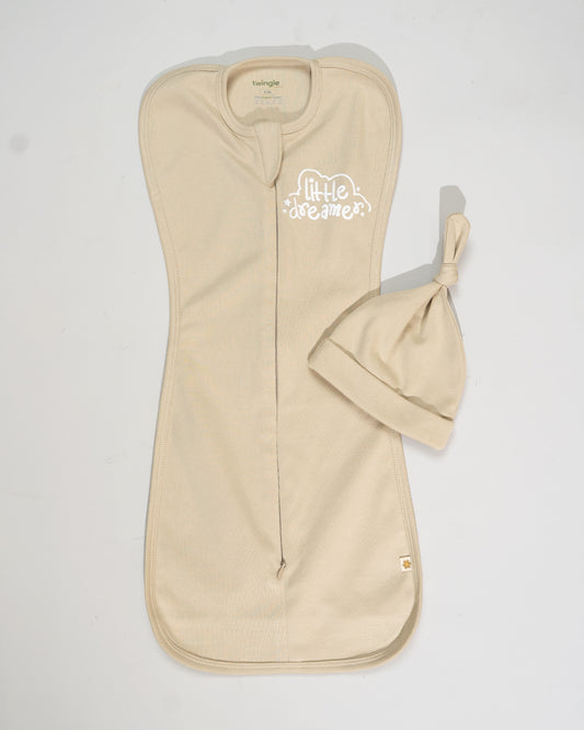 Twingle 100% Organic Cotton Sleeping Bag with Beanie-Snug Fit & Arms Up Design for Natural Body Posture-Zip Guard to Protect Baby's Chin & Neck-Two Way Zipper for Easy Diaper Change-Solid-Beige-For Infants