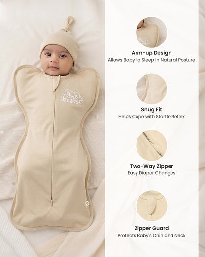 Twingle 100% Organic Cotton Sleeping Bag with Beanie-Snug Fit & Arms Up Design for Natural Body Posture-Zip Guard to Protect Baby's Chin & Neck-Two Way Zipper for Easy Diaper Change-Solid-Beige-For Infants