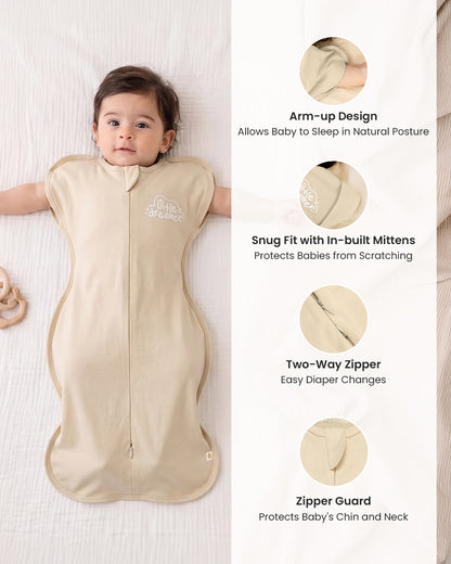 Twingle 100% Organic Cotton Sleeping Bag with Inbuilt Mittens-Snug Fit & Arms Up Design for Natural Body Posture-Zip Guard to Protect Baby's Chin & Neck-Two Way Zipper for Easy Diaper Change-Solid-Beige-For Infants