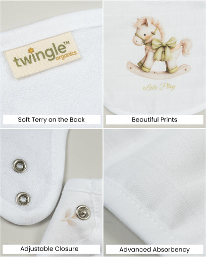 Twingle 100% Organic Muslin Bib-Soft Terry on the Back for maximum Absorbency-Trusted YKK Snaps-Riding Horse-Pack of 2-For Infants