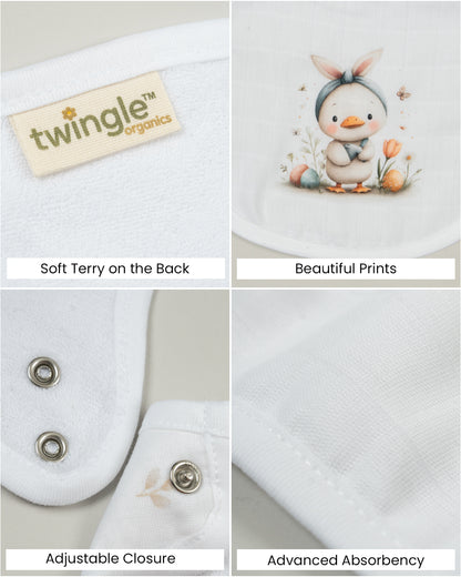 Twingle 100% Organic Muslin Bib-Soft Terry on the Back for maximum Absorbency-Trusted YKK Snaps-Easter Duck-Pack of 2-For Infants