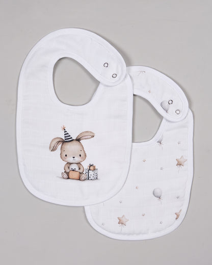 Twingle 100% Organic Muslin Bib-Soft Terry on the Back for maximum Absorbency-Trusted YKK Snaps-Bday Bunny-Pack of 2-For Infants
