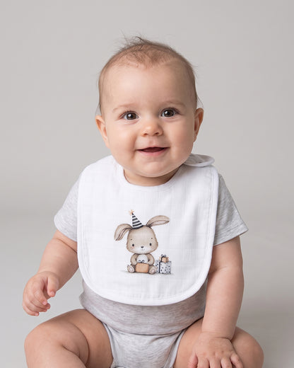 Twingle 100% Organic Muslin Bib-Soft Terry on the Back for maximum Absorbency-Trusted YKK Snaps-Bday Bunny-Pack of 2-For Infants