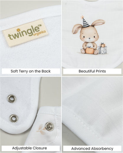 Twingle 100% Organic Muslin Bib-Soft Terry on the Back for maximum Absorbency-Trusted YKK Snaps-Bday Bunny-Pack of 2-For Infants