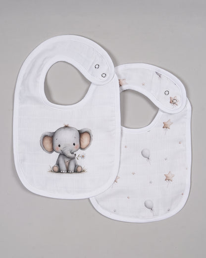 Twingle 100% Organic Muslin Bib-Soft Terry on the Back for maximum Absorbency-Trusted YKK Snaps-Ellie Elephant-Pack of 2-For Infants