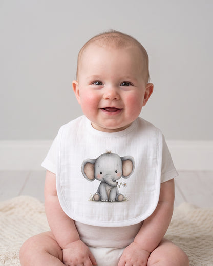 Twingle 100% Organic Muslin Bib-Soft Terry on the Back for maximum Absorbency-Trusted YKK Snaps-Ellie Elephant-Pack of 2-For Infants