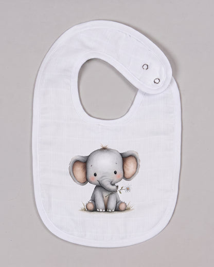 Twingle 100% Organic Muslin Bib-Soft Terry on the Back for maximum Absorbency-Trusted YKK Snaps-Ellie Elephant-Pack of 2-For Infants