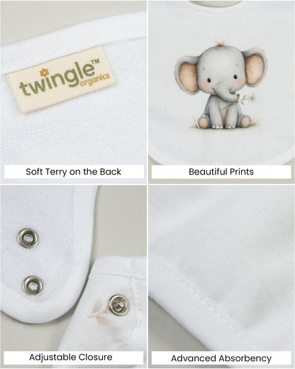 Twingle 100% Organic Muslin Bib-Soft Terry on the Back for maximum Absorbency-Trusted YKK Snaps-Ellie Elephant-Pack of 2-For Infants