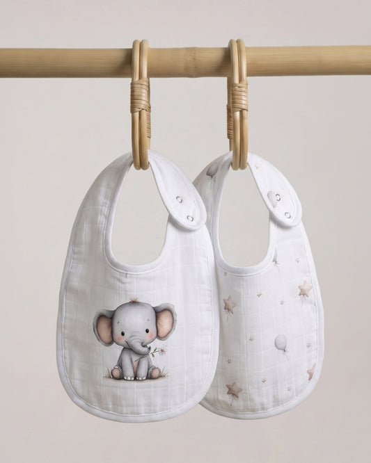 Twingle 100% Organic Muslin Bib-Soft Terry on the Back for maximum Absorbency-Trusted YKK Snaps-Ellie Elephant-Pack of 2-For Infants