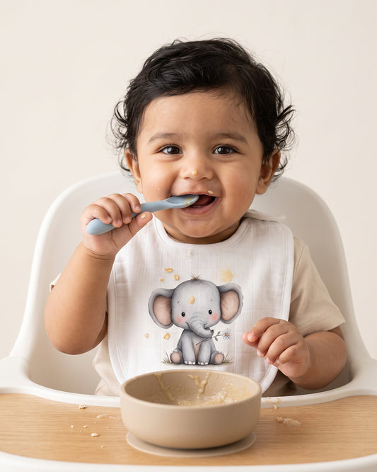 Twingle 100% Organic Muslin Bib-Soft Terry on the Back for maximum Absorbency-Trusted YKK Snaps-Ellie Elephant-Pack of 2-For Infants