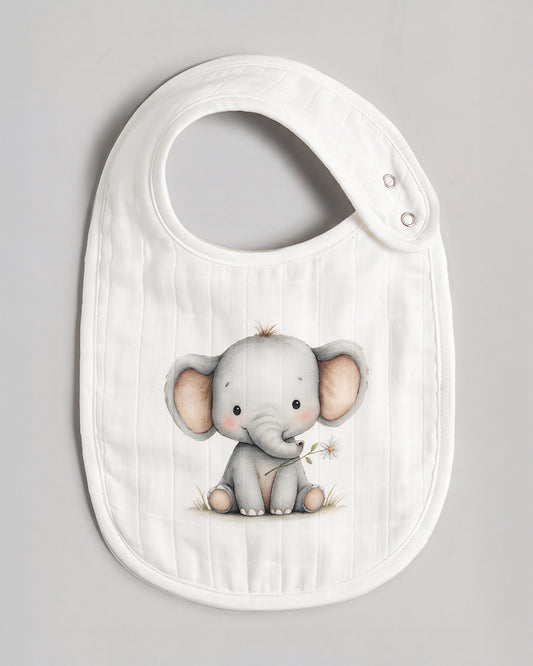 Twingle 100% Organic Muslin Bib-Soft Terry on the Back for maximum Absorbency-Trusted YKK Snaps-Ellie Elephant-Pack of 2-For Infants