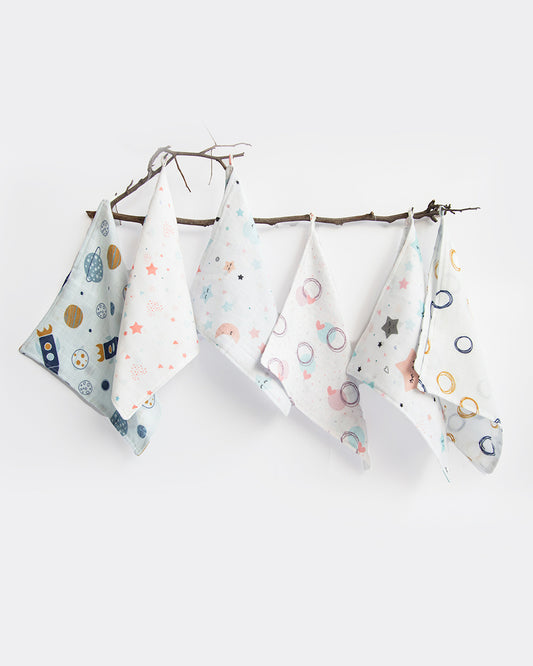 Yellow Doodle Organic Muslin Wipes-Set of 6 Wash Cloths-Stars & Sky-For Infants