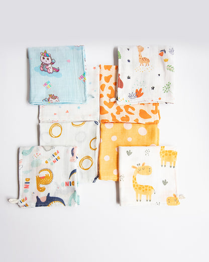 Yellow Doodle Organic Muslin Wipes-Set of 8 Wash Cloths-Baby Animals-For Infants