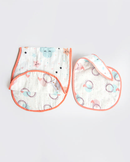 Yellow Doodle 100% Organic Cotton Muslin-In The Sky-Reversible Bib & Burpy Cloth Set of 2-For Infants