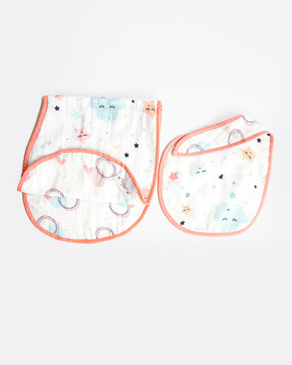 Yellow Doodle 100% Organic Cotton Muslin-In The Sky-Reversible Bib & Burpy Cloth Set of 2-For Infants