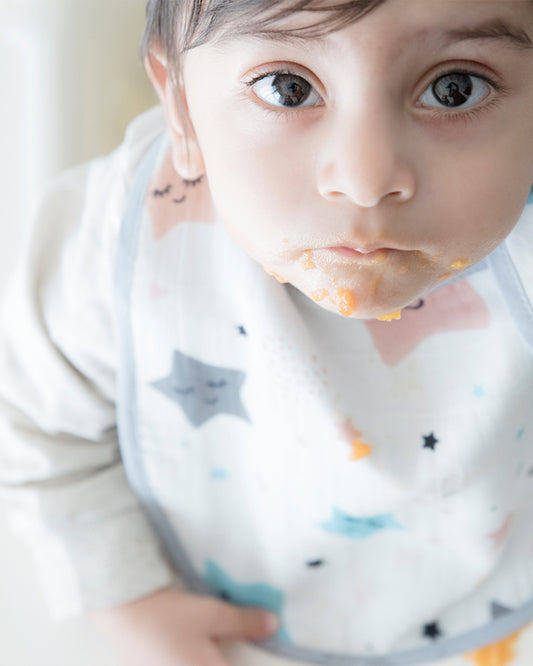 Yellow Doodle 100% Organic Cotton Muslin-Twinkly Stars-Reversible Bib & Burp Cloth Set of 2-For Infants