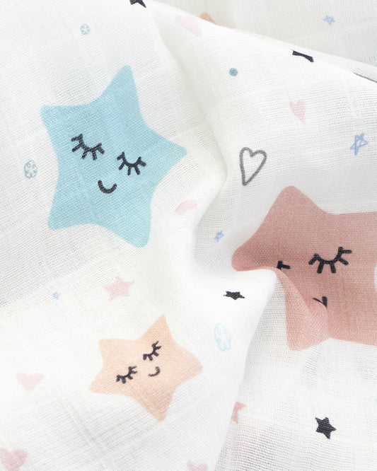 Yellow Doodle 100% Organic Cotton Muslin-Twinkly Stars-Reversible Bib & Burp Cloth Set of 2-For Infants