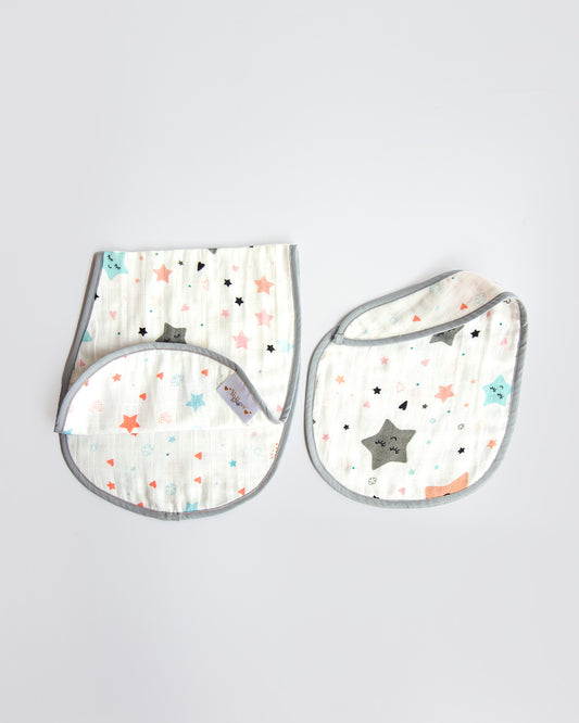 Yellow Doodle 100% Organic Cotton Muslin-Twinkly Stars-Reversible Bib & Burp Cloth Set of 2-For Infants