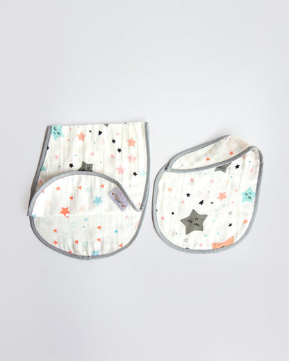 Yellow Doodle Organic Cotton Muslin Bib With Burp Cloth & Wash Cloths Combo Set-Stars & Sky-For Infants