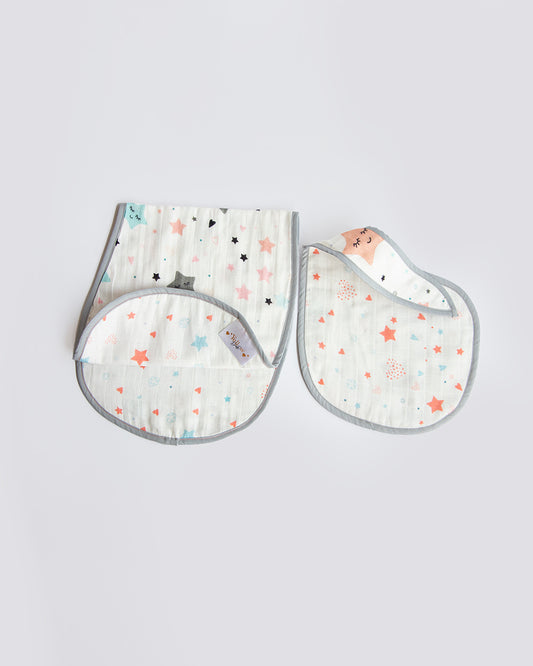 Yellow Doodle 100% Organic Cotton Muslin-Twinkly Stars-Reversible Bib & Burp Cloth Set of 2-For Infants