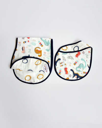 Yellow Doodle 100% Organic Cotton Muslin-Dino Friend-Reversible Bib & Burpy Cloth Set of 2-For Infants