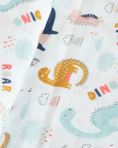 Yellow Doodle 100% Organic Cotton Muslin-Dino Friend-Reversible Bib & Burpy Cloth Set of 2-For Infants