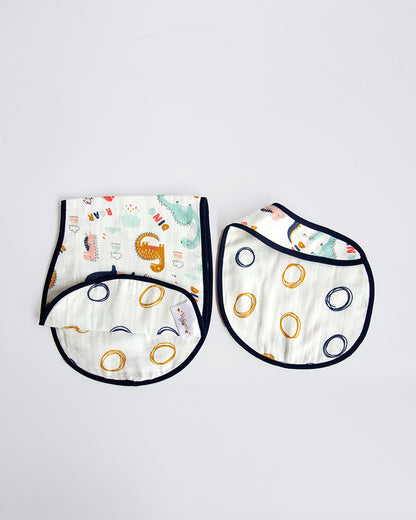 Yellow Doodle 100% Organic Cotton Muslin-Dino Friend-Reversible Bib & Burpy Cloth Set of 2-For Infants