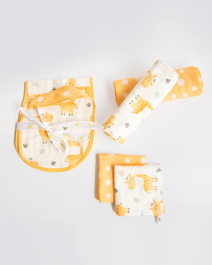 Yellow Doodle Baby Giraffe Muslin Essentials New Born Gift Set-Pack Of 6-Gift For Baby Shower & Baby Birthday