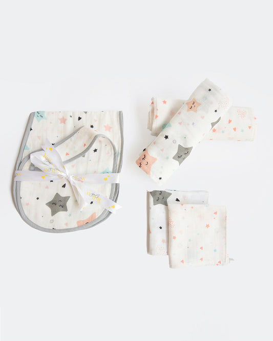 Yellow Doodle Twinkly Stars Muslin Essentials New Born Gift Set-Pack Of 6-Gift For Baby Shower & Baby Birthday