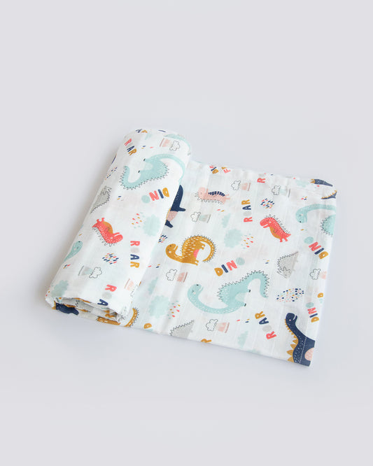 Yellow Doodle Dino Friend Swaddle-100% Organic Muslin Cotton-Infant Wraps