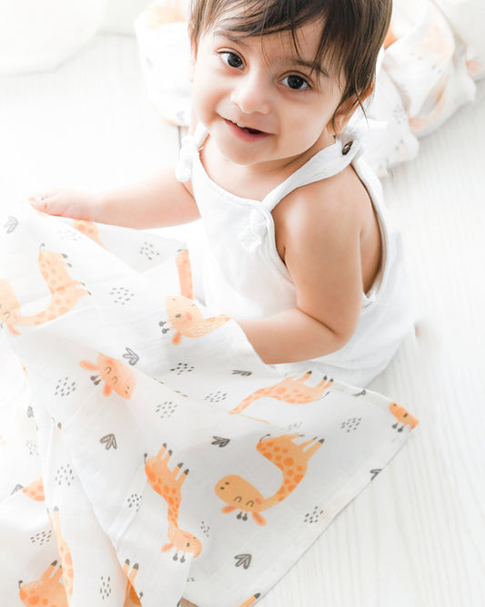 Yellow Doodle Reversible Baby Giraffe Muslin Baby Blanket-100% Organic Cotton-For Infants