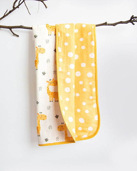 Yellow Doodle Reversible Baby Giraffe Muslin Baby Blanket-100% Organic Cotton-For Infants