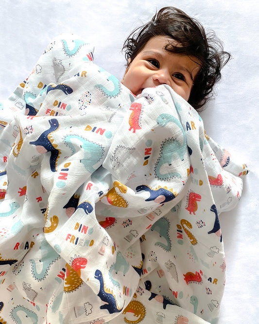 Yellow Doodle Reversible Dino Friend Muslin Baby Blanket-100% Organic Cotton-For Infants