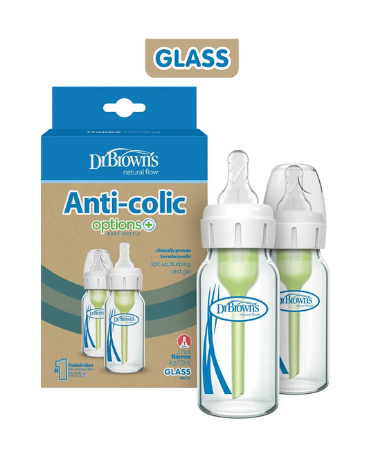 Dr. Brown’s Anti-Colic Options+ Narrow Glass Baby Bottle-120ml-Slow Flow-Pack of 2-0 to 3M
