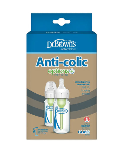 Dr. Brown’s Anti-Colic Options+ Narrow Glass Baby Bottle-120ml-Slow Flow-Pack of 2-0 to 3M