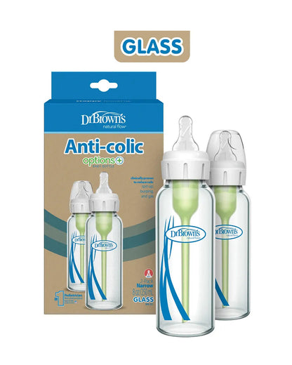 Dr. Brown’s Anti-Colic Options+ Narrow Glass Baby Bottle-250ml-Slow Flow-Pack of 2-0 to 3M
