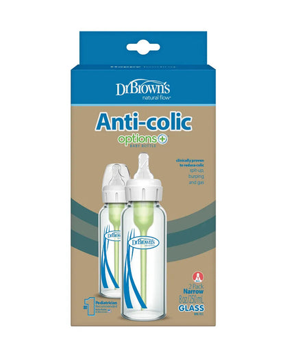Dr. Brown’s Anti-Colic Options+ Narrow Glass Baby Bottle-250ml-Slow Flow-Pack of 2-0 to 3M