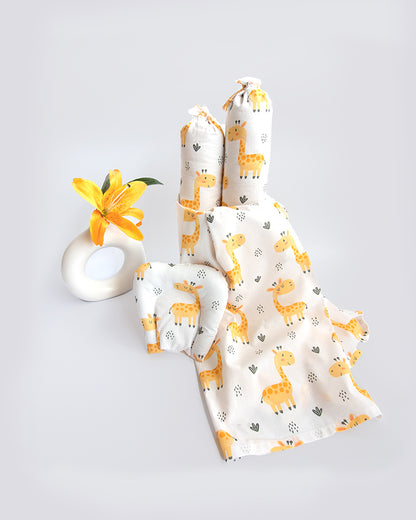 Yellow Doodle Baby Giraffe Baby Bedding Set-GOTS Certified Organic Cotton-Pack of 4-Mini Cot Set For Infants