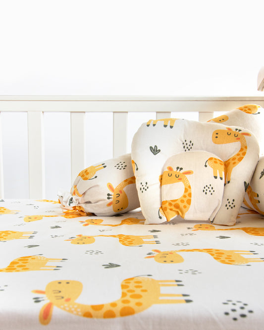 Yellow Doodle Baby Giraffe Baby Bedding Set-GOTS Certified Organic Cotton-Pack of 4-Mini Cot Set For Infants