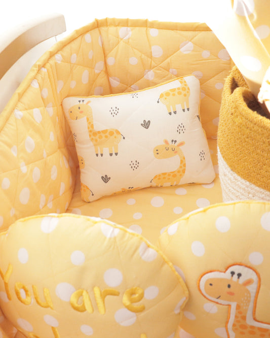 Yellow Doodle Quilted Baby Giraffe Baby Pillow With Filling-Organic Cotton-For Infants