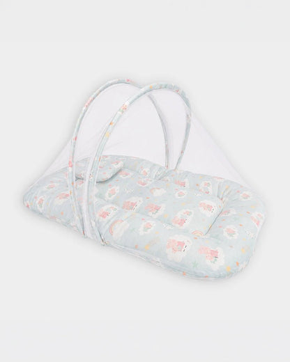 Mi Arcus Baby Gadda Set With Mosquito Net & Head Support Pillow-100% Cotton-Green-Peppa-Pig-For Infants